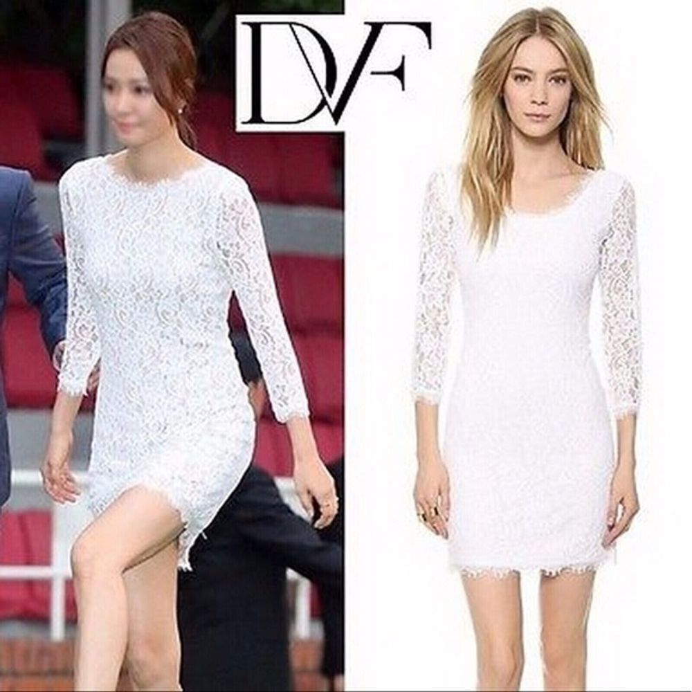 DVF Diane von Furstenberg Dress Size 6 Colleen White Lace‎ Sheath Zipper Back